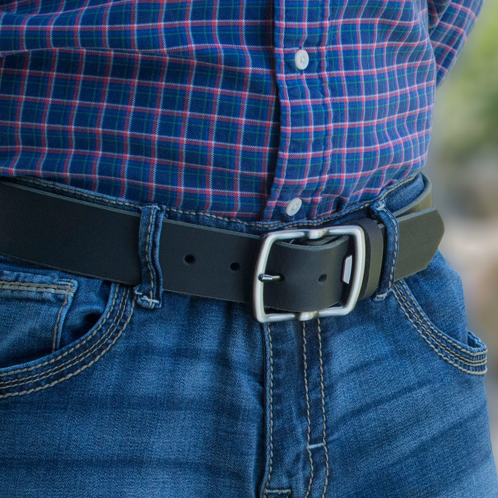 Cold Mountain Belt. Black with Gray Buckle on a model. Casual buckle makes for a great jeans belt