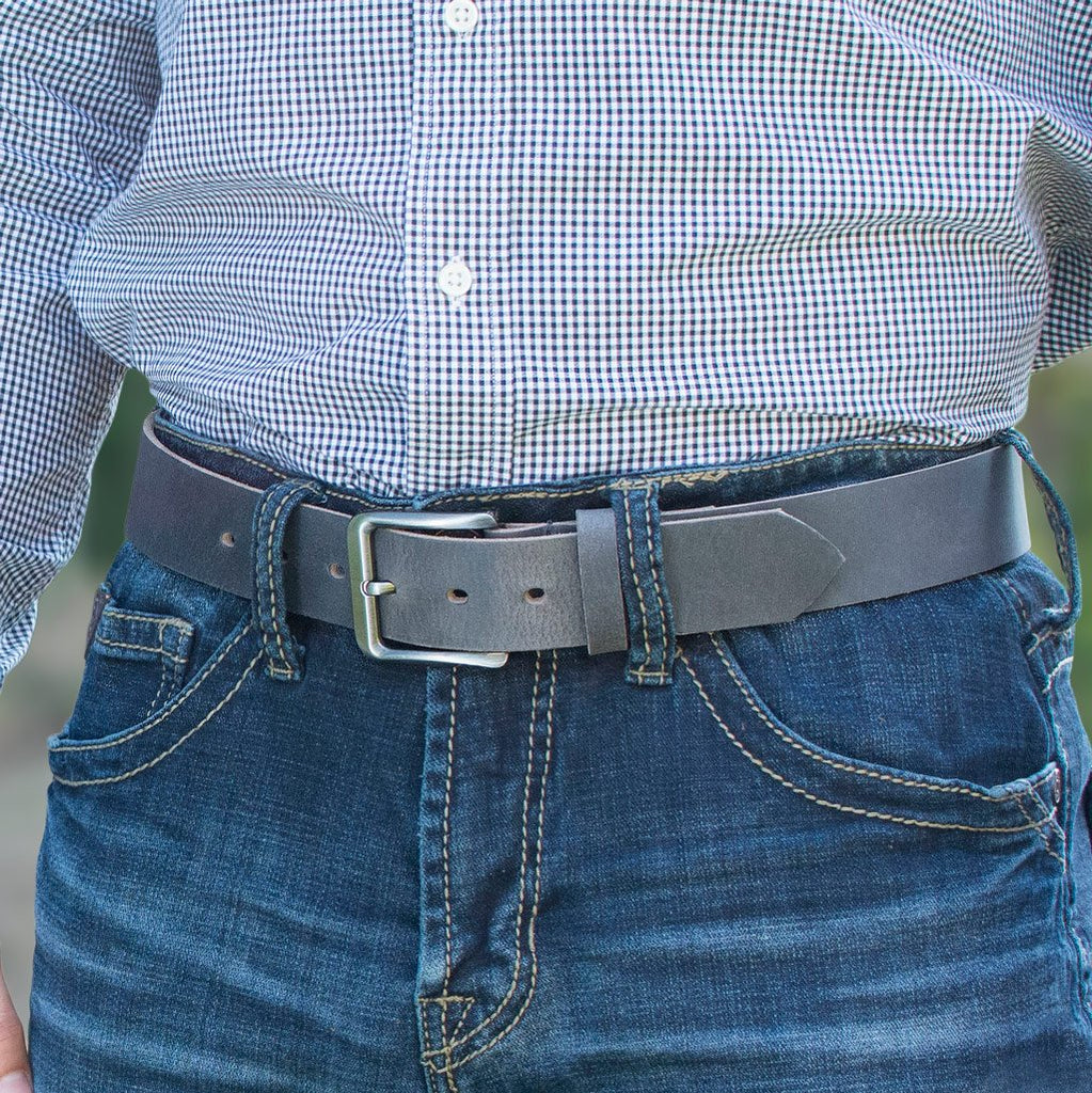 Smoky Mountain Distressed Leather Belt on a model. Gray color makes a great casual jeans belt