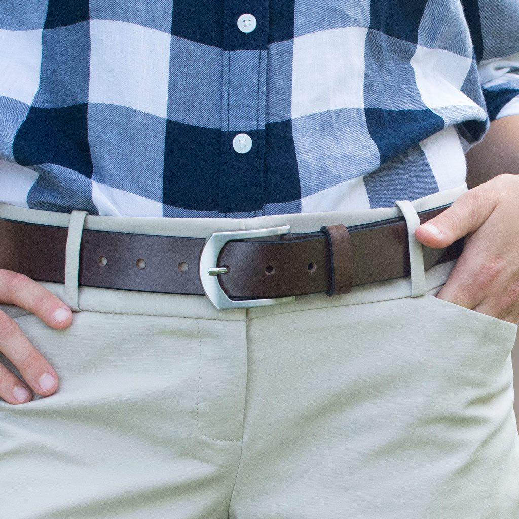 Stone Mountain Brown Belt on model. Dress-casual belt ideal for khakis. Brown belt, silver buckle