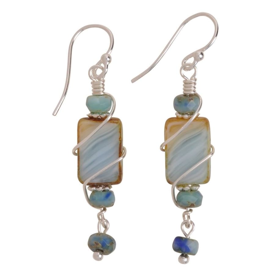 Atlantic Beach Earrings by Nickel Smart - light blue and tan rectangular stone with 3 round stones.