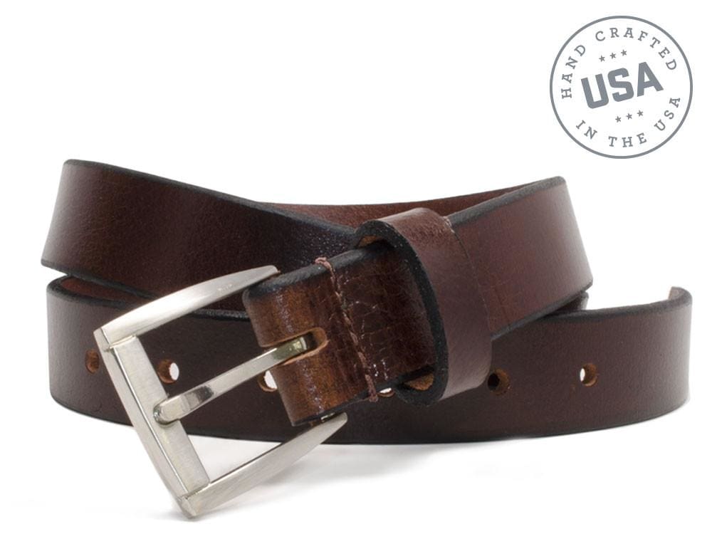USA made Women's Brown leather belt By Nickel Smart. One inch full grain leather, nickel free buckle