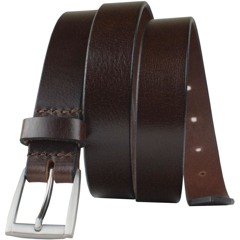 Brown leather belt with silver square buckle. 1 inch wide. Ashe - Womens Brown Belt By Nickel Smart