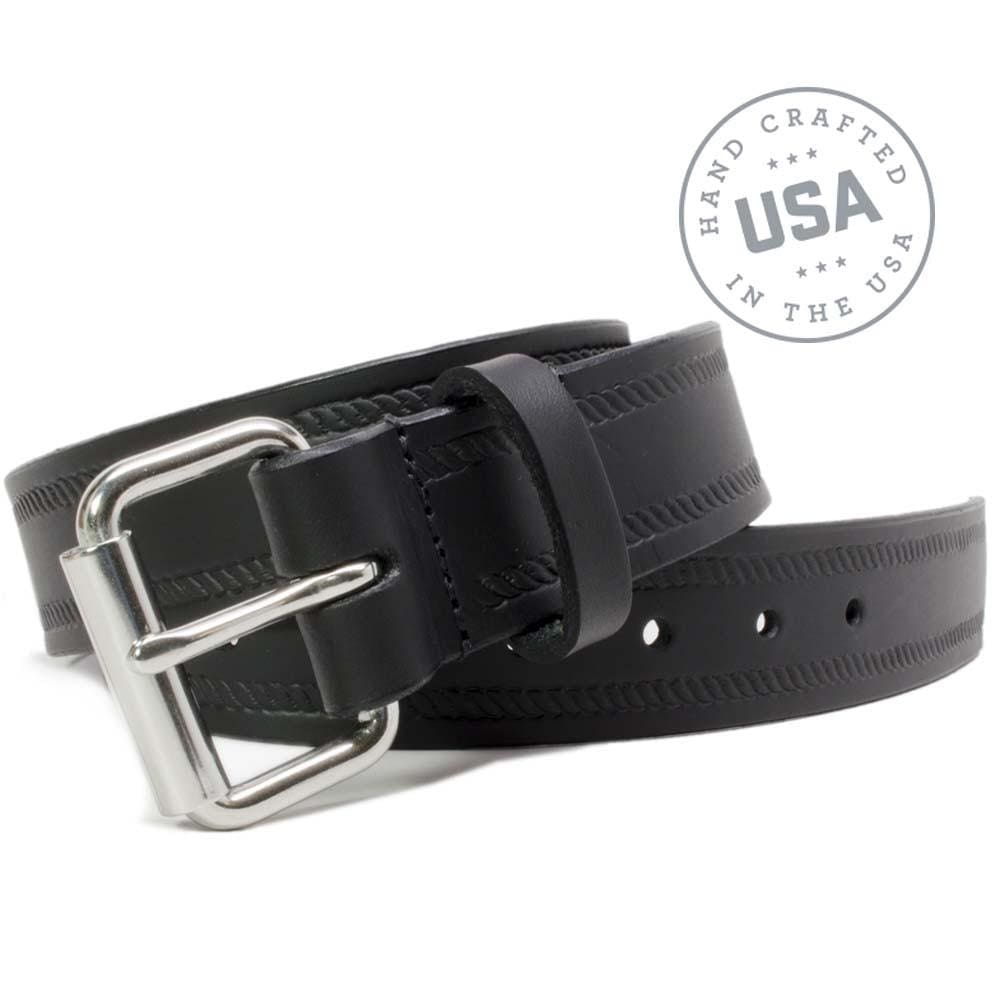 Black Rope Belt. Handcrafted in the USA. Unique roller buckle stitched directly to top grain leather
