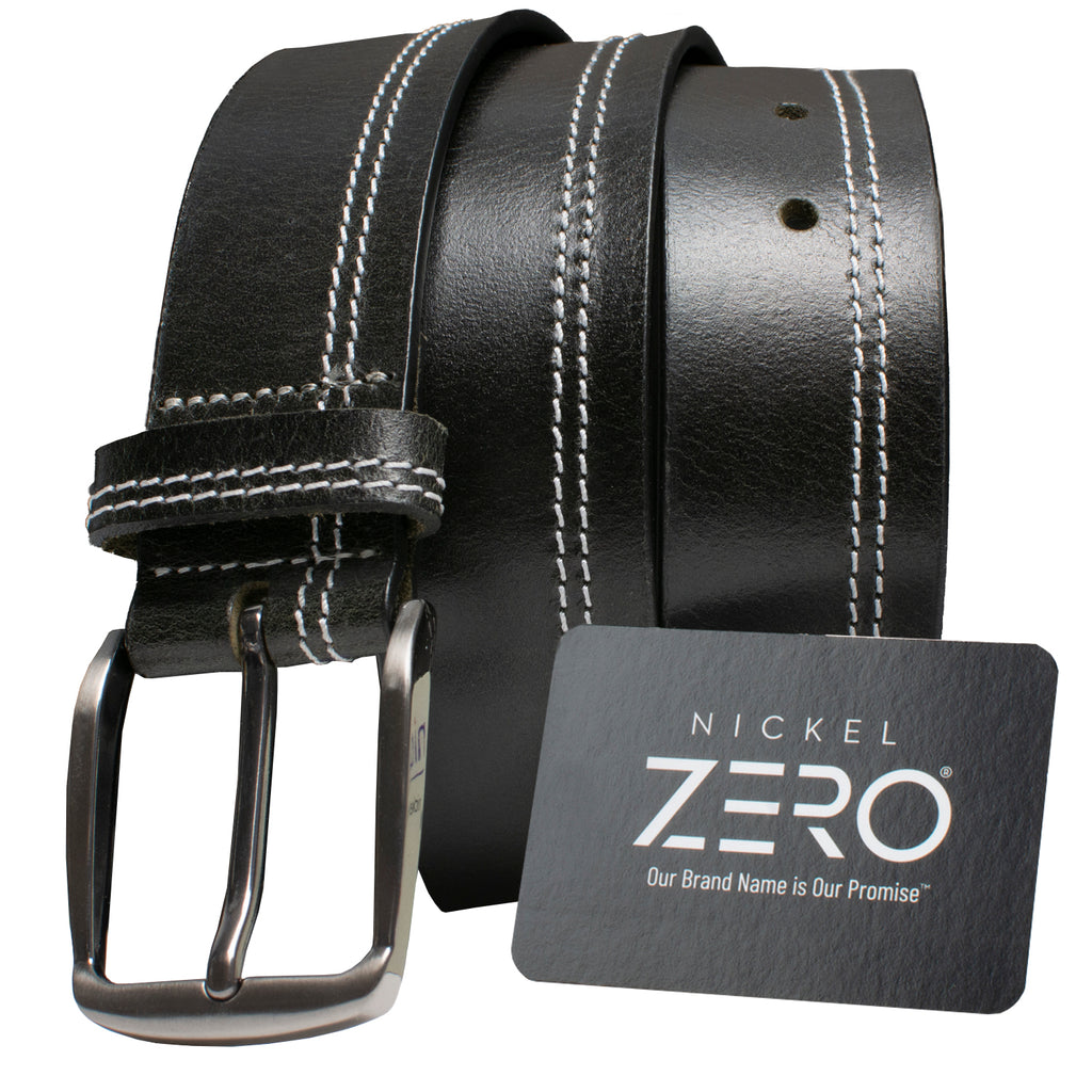 Millennial Black Leather Belt (Stitched) with Nickel Zero hang tag. Our brand name is our promise.