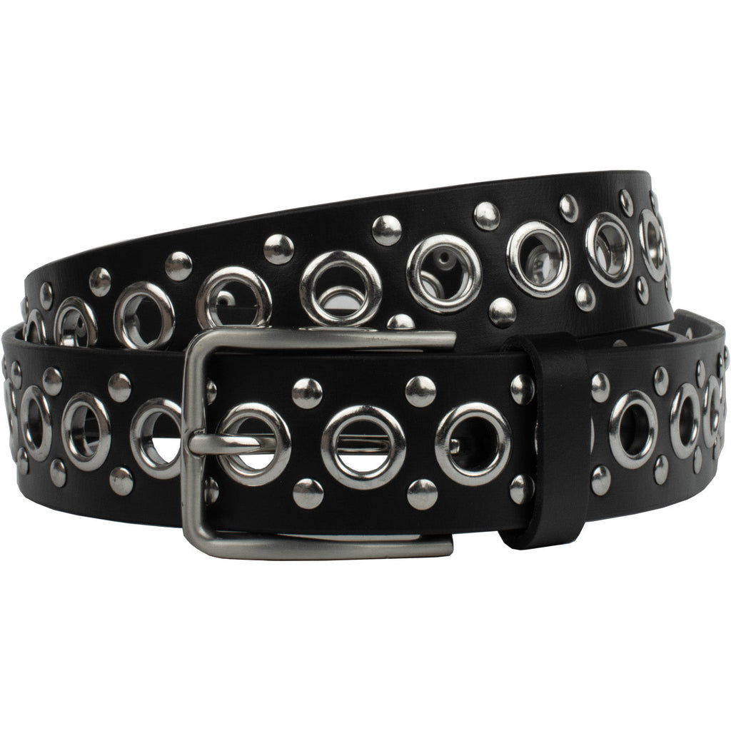 Black Studded Belt V.3. Silver buckle matches grommets and studs. Latch through grommet hole.