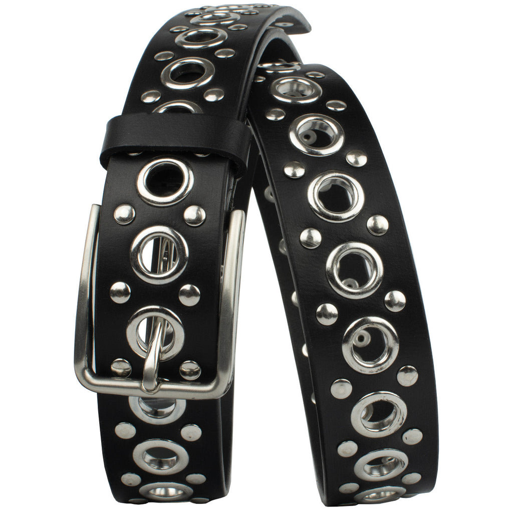 Black Studded Belt V.3. Casual belt with repeating pattern of grommets and studs. Black leather.