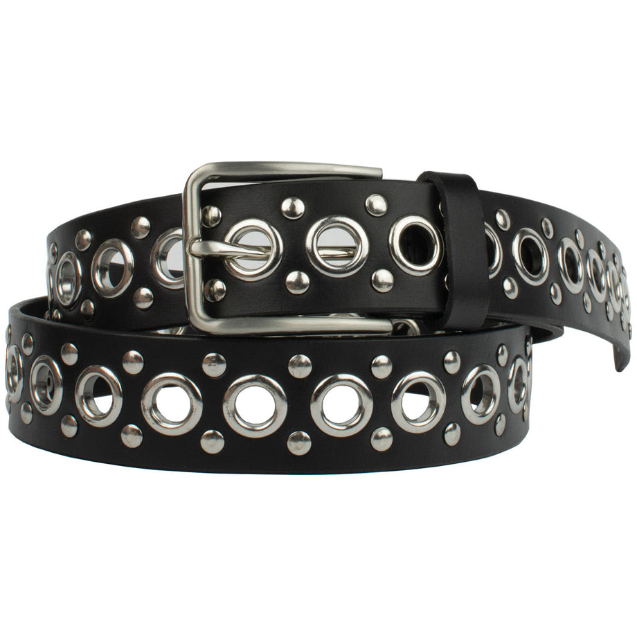 Black Studded Leather Belt | Nickel Free Buckle and Grommets 32 inch / Black / Zinc Alloy/Leather