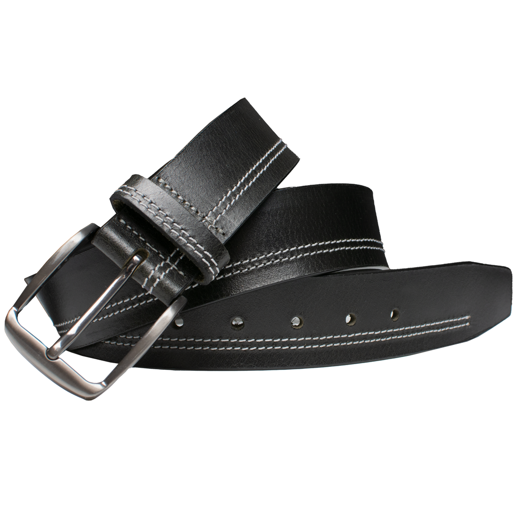 Millennial Black Belt (Stitched), silver-tone buckle stitched to black strap with white stitching