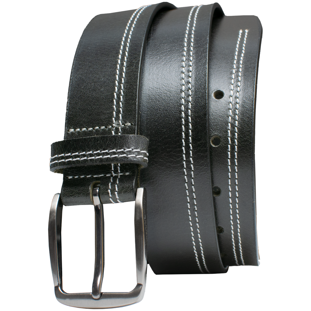 Millennial Black Belt (Stitched) by Nickel Zero, Black leather belt, white accent stitching
