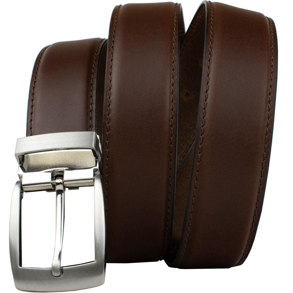 Brown Dress Belt By Nickel Smart. 1⅜ inches (35 mm) leather strap with silver zinc alloy buckle