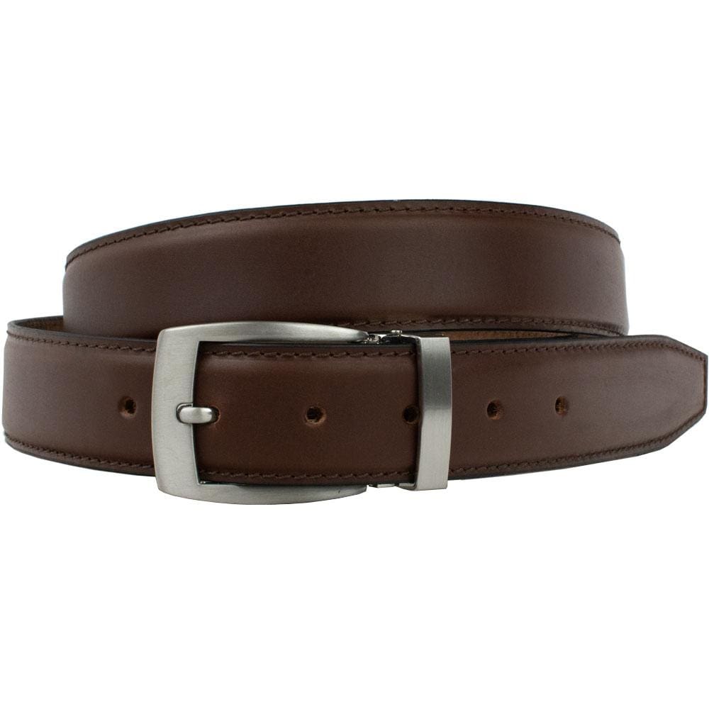 Silver zinc alloy buckle with metal keeper and brown leather strap. Brown Dress Belt By Nickel Smart