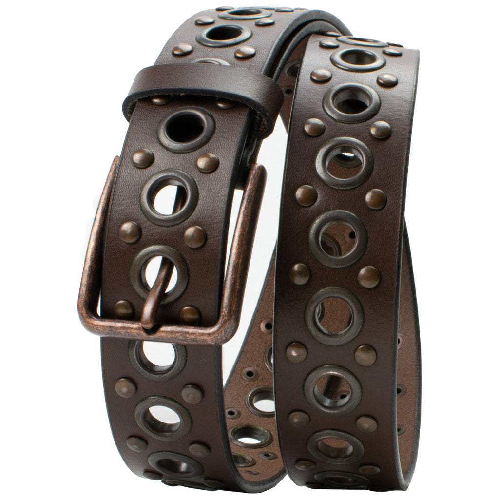 Brown Studded Belt V.3 by Nickel Smart. Antiqued grommets and studs, matching rectangular buckle