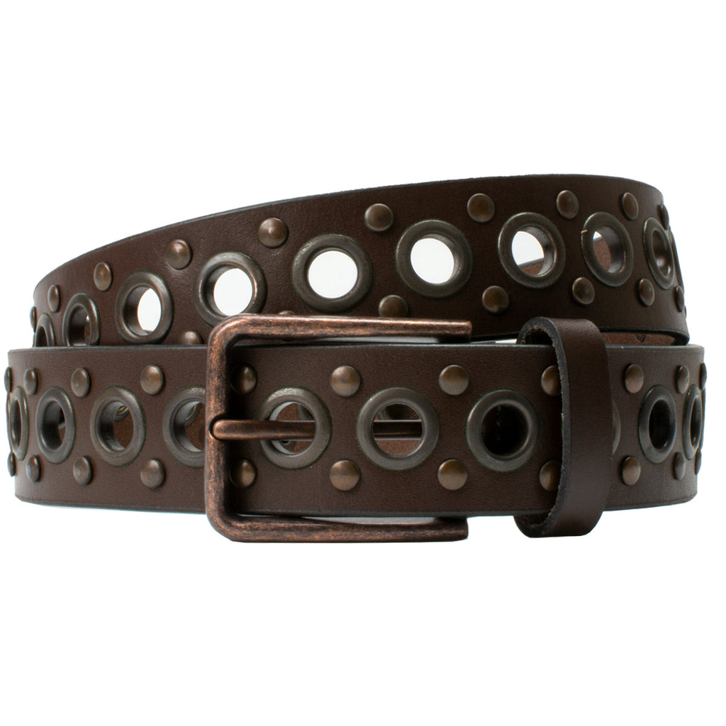 Brown Studded Belt V.3. Rectangular buckle, rounded corners, latches through grommet pattern
