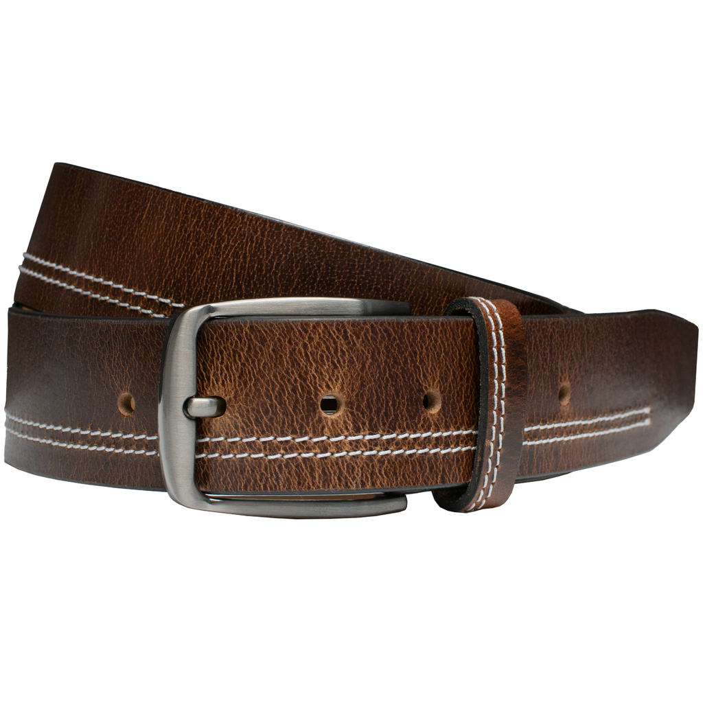 2 rows of cream colored stitching on bottom side of brown leather belt. Silver nickel free buckle