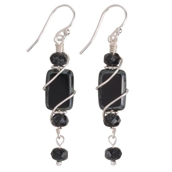 Cape Hatteras Earrings by Nickel Smart. Black rectangular glass with 3 black beads. silver accents