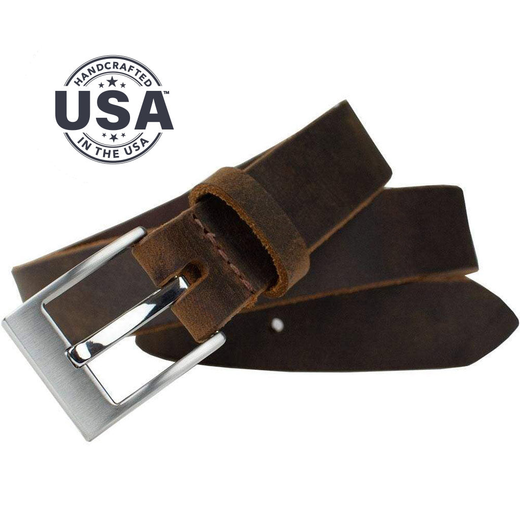 Caraway Mountain Distressed Leather Brown Belt. Handcrafted in the USA. Buckle stitched to strap