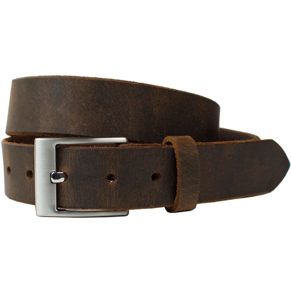 Caraway Mountain Distressed Leather Brown Belt. Buckle has squared corners and single pin