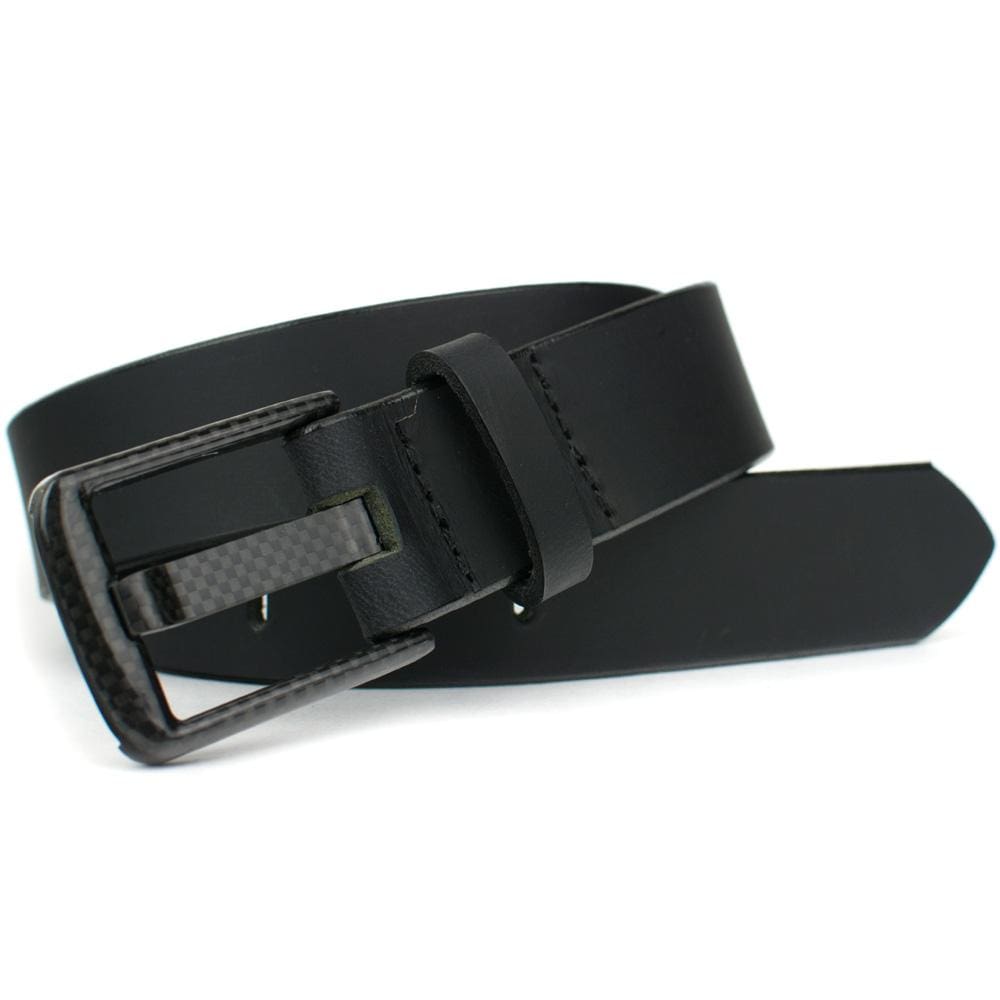 1.5 inch black Carbon Fiber Wide Pin buckle sewn on to black full grain leather. Metal Free Belt