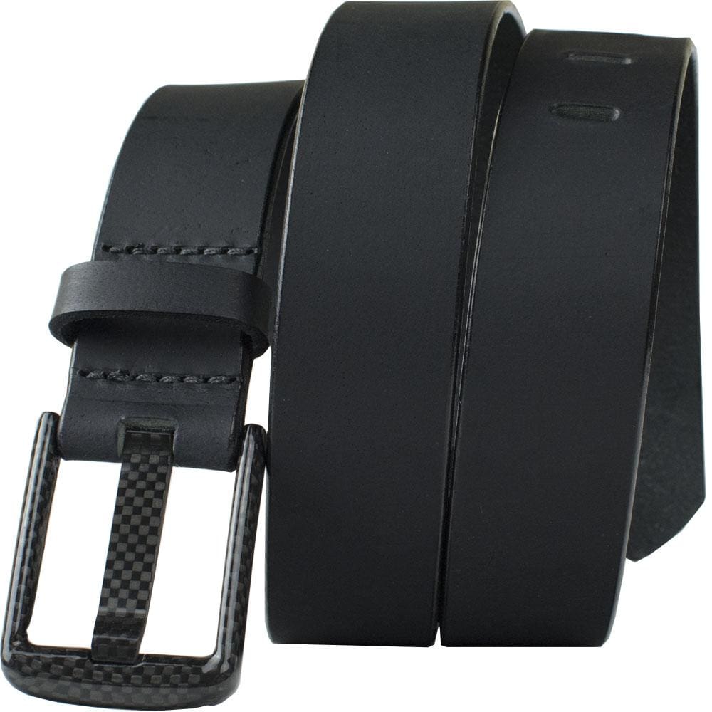 Black Carbon Fiber Wide Pin Belt. Black buckle with black full grain leather. No Metal.