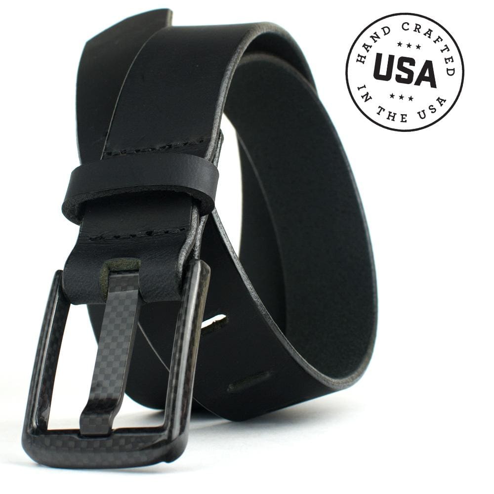 Metal Free Belt. Black 1.5 inch Carbon Fiber Wide Pin Buckle sewn to black full grain leather.