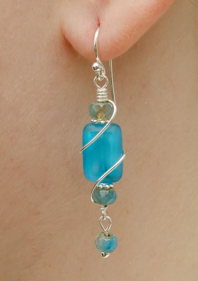 Blue rectangular glass bead with blue bead. Carolina Beach Earrings by Nickel Smart - 1.75 inches