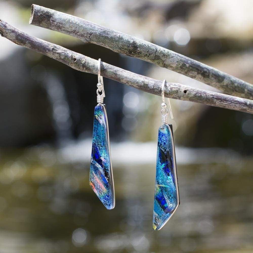  Rainbow Blue Dichroic Glass Earrings with silver French hooks. 1.75 inches long 