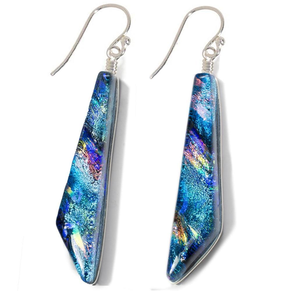 Cascades Earrings Rainbow Blue Dichroic Glass with silver French hooks nickel free earrings