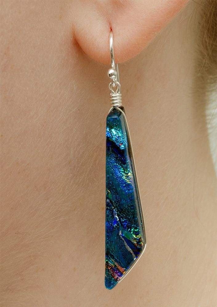 1.75 inch long rainbow blue dichroic glass earrings. Cascades Earrings - Rainbow Blue 