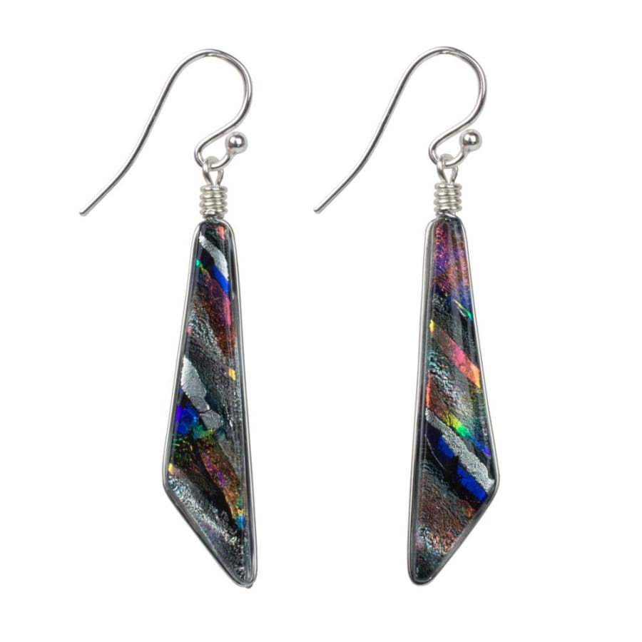 Cascades Earrings - Rainbow Silver has silver plus varied colors.  Shaped like a scalene triangle. 