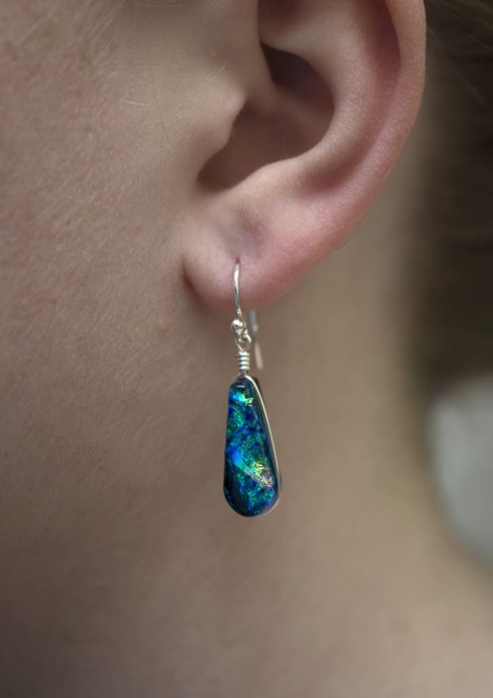 Cedar Rock Falls Earrings, Silver French hooks with green dichroic glass mixed with other colors.