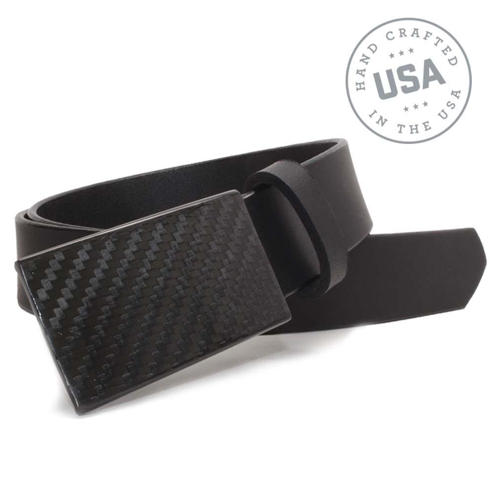 CF 2.0 Belt By Nickel Smart. Made in USA. Black leather strap with black carbon fiber buckle.
