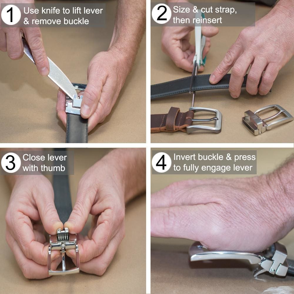 How to use the clamp buckle. Size and cut strap, attach buckle, close lever and press firmly.