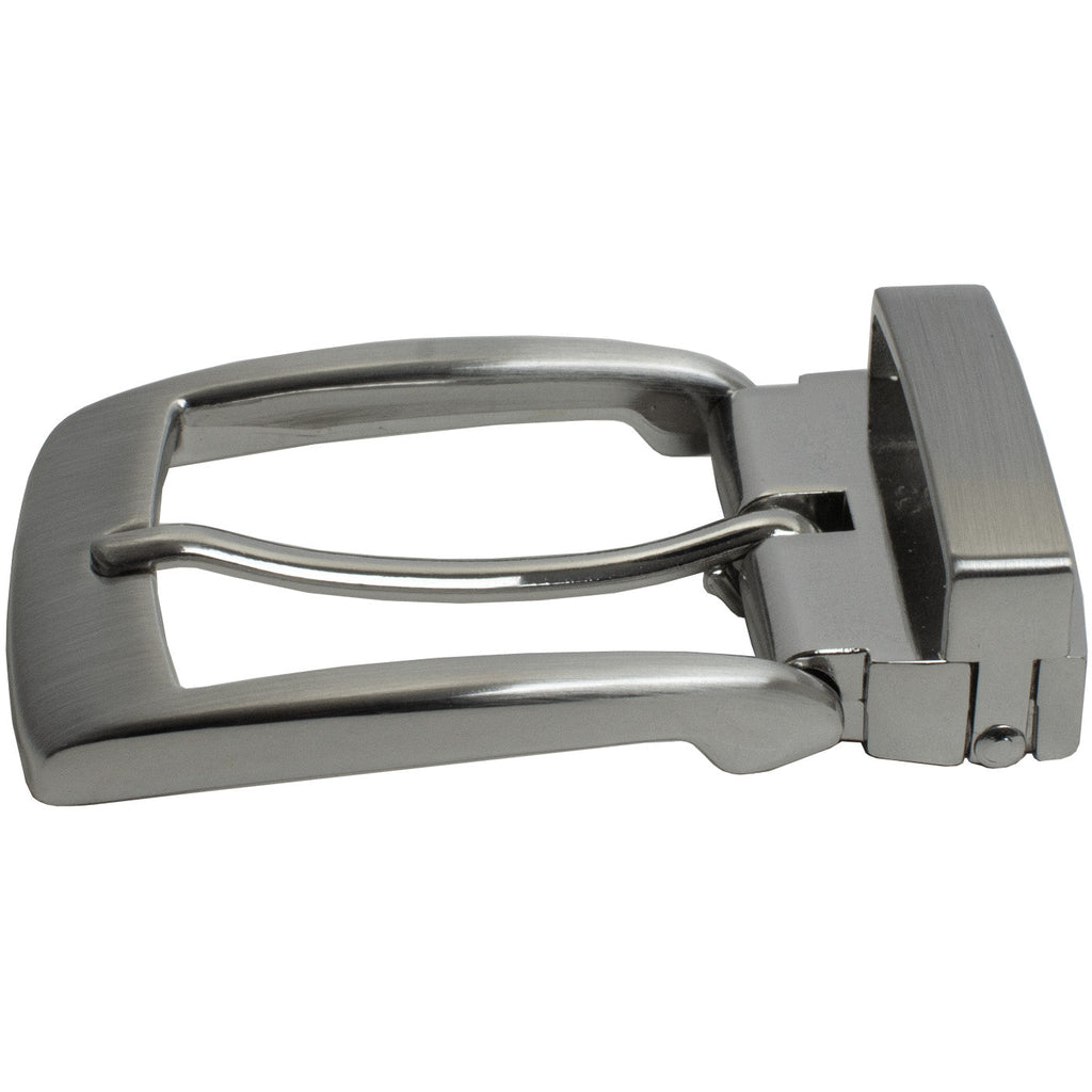 Clamp Pin Buckle. Allergy-friendly brushed satin buckle. Metal keeper with modestly curved buckle.