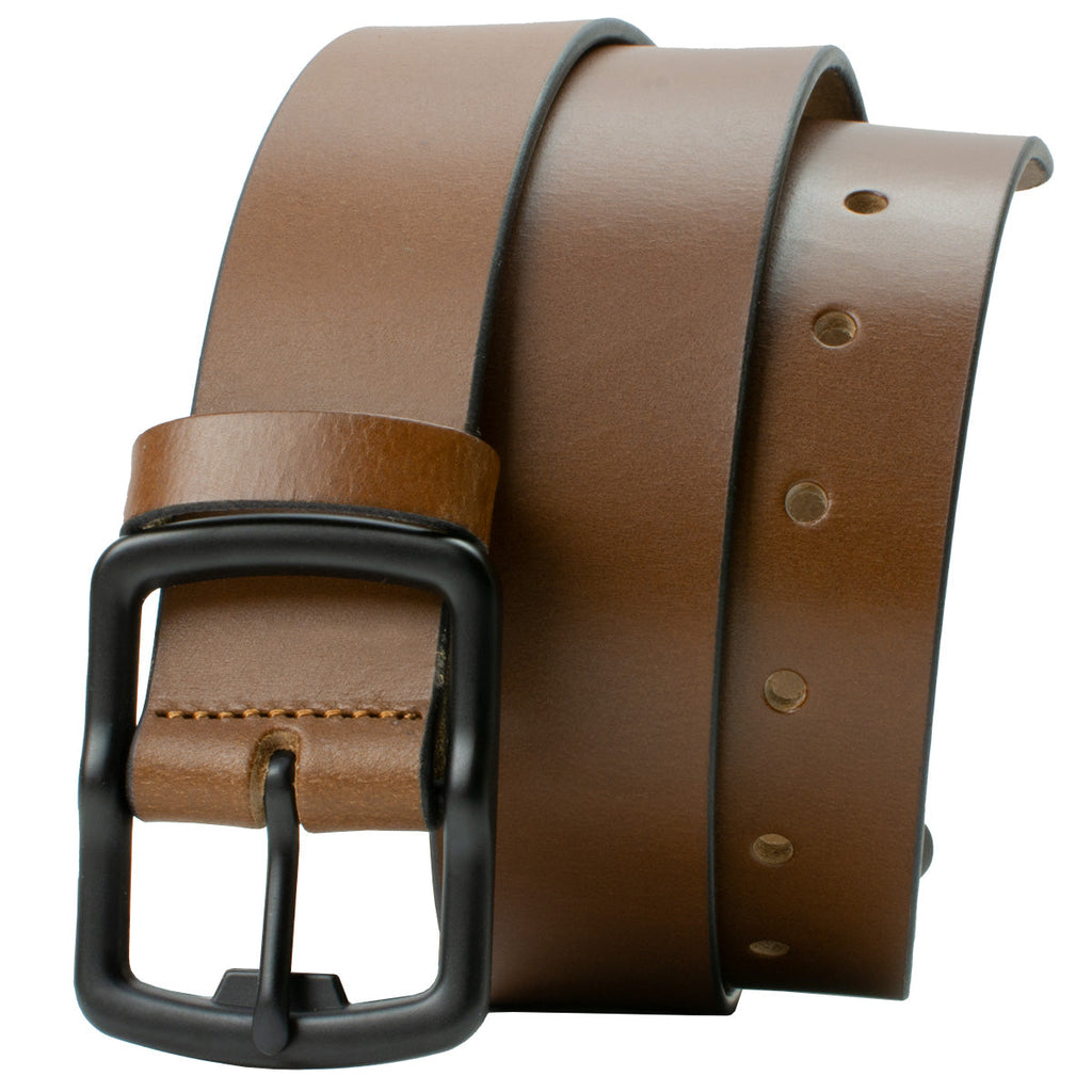 Cold Mountain Brown Belt by Nickel Smart. Tawny brown full grain leather belt, matte black buckle