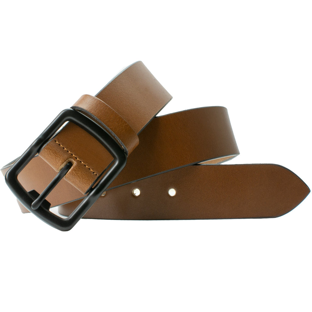 Cold Mountain Brown Belt. Unique bottle opener feature on black rectangular buckle, single pin