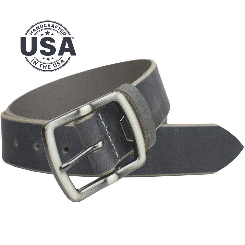 Cold Mountain Distressed Leather Belt Gray. Handcrafted in the USA, buckle stitched to gray strap