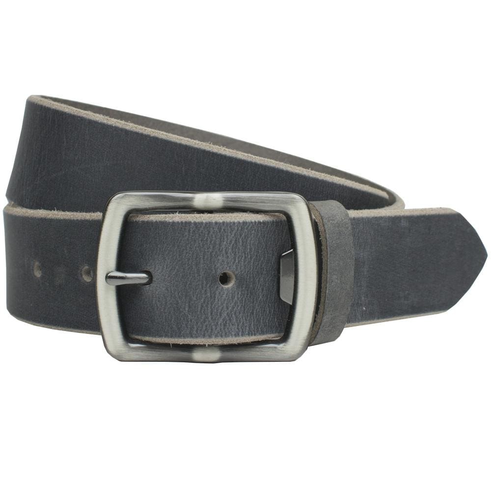 Cold Mountain Distressed Leather Belt Gray. Unique bottle opener buckle, silver-tone zinc alloy