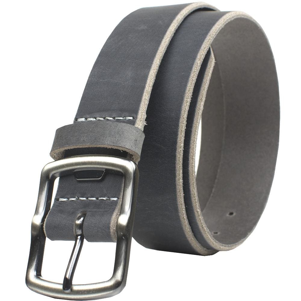 Cold Mountain Distressed Gray Leather Belt Gray by Nickel Smart. Charcoal gray strap, silvery buckle