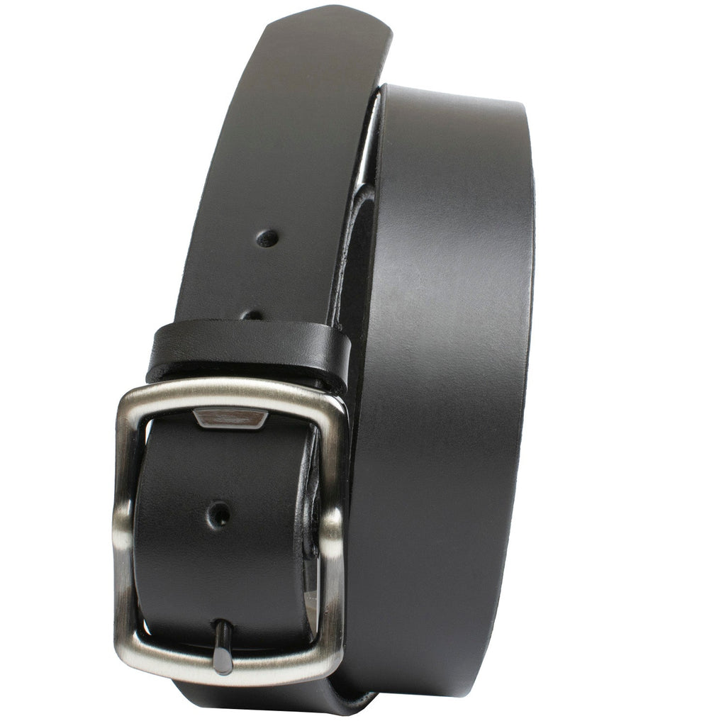 Cold Mountain Belt. Black with Gray Buckle. 1½ inch width strap, black shiny full grain leather.