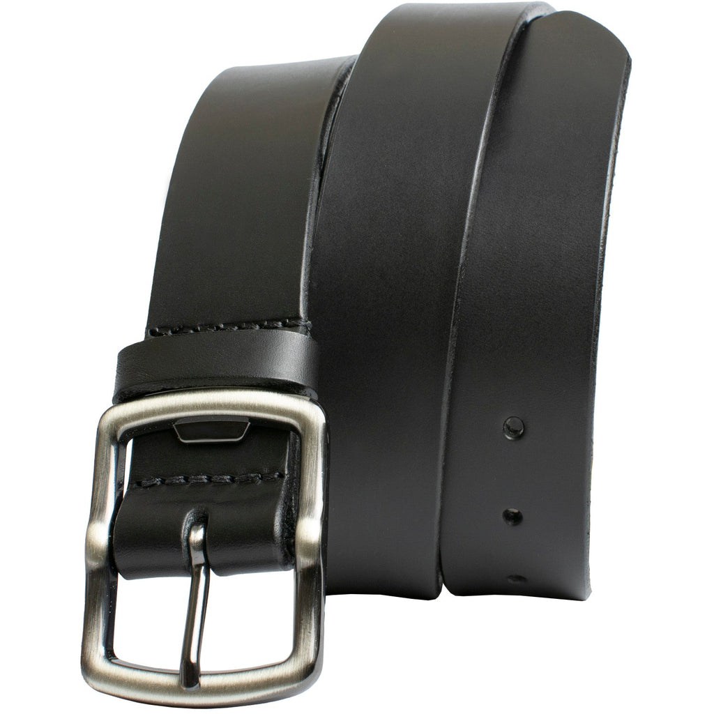 Cold Mountain Belt. Black with Gray Buckle by Nickel Smart. Black strap, gray-toned buckle