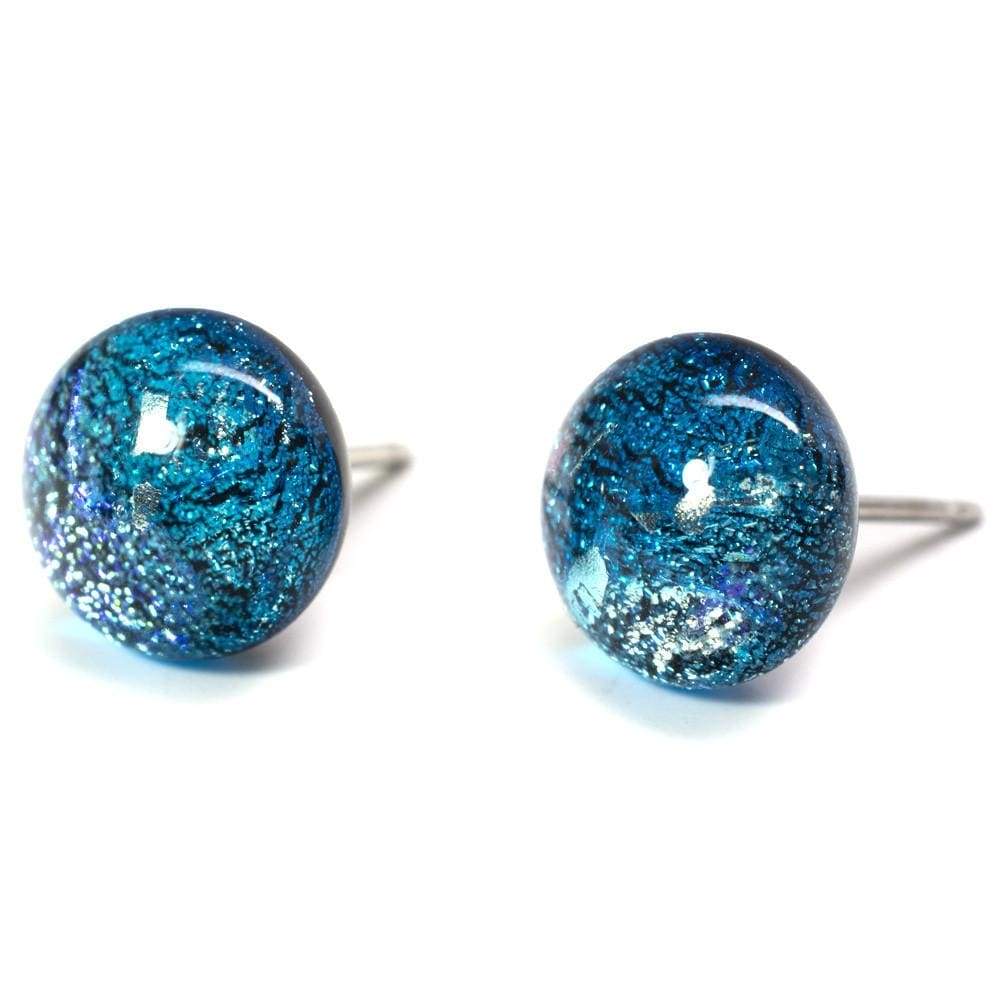 Cosmic Earrings , Bright blue dichroic glass dots secured to nickel free silver post
