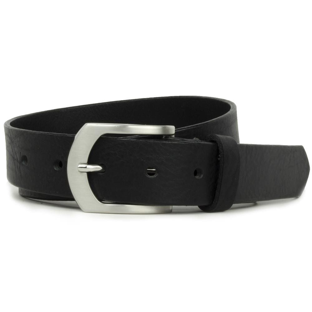 Deep River Black Belt by Nickel Smart. Silver-tone buckle, black strap with finished edges