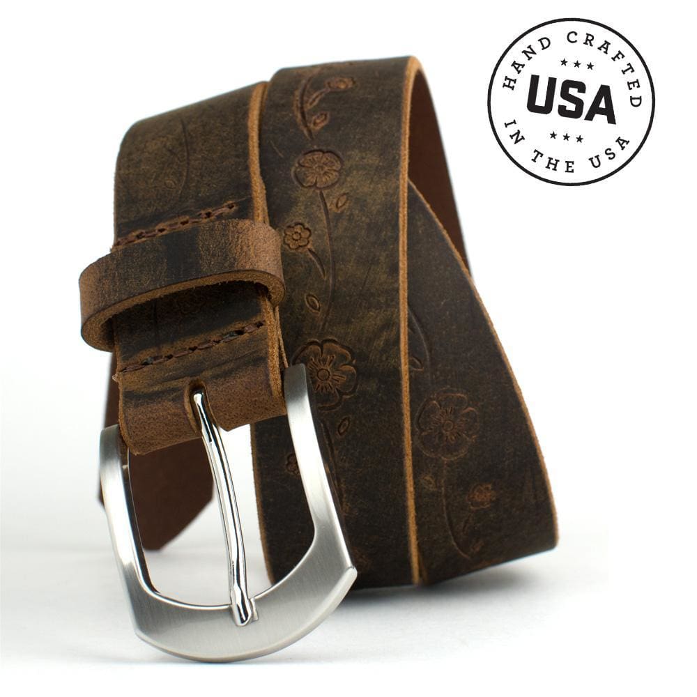 Distressed Rose Belt II. Made in the USA. Brushed satin arched buckle stitched directly to strap.