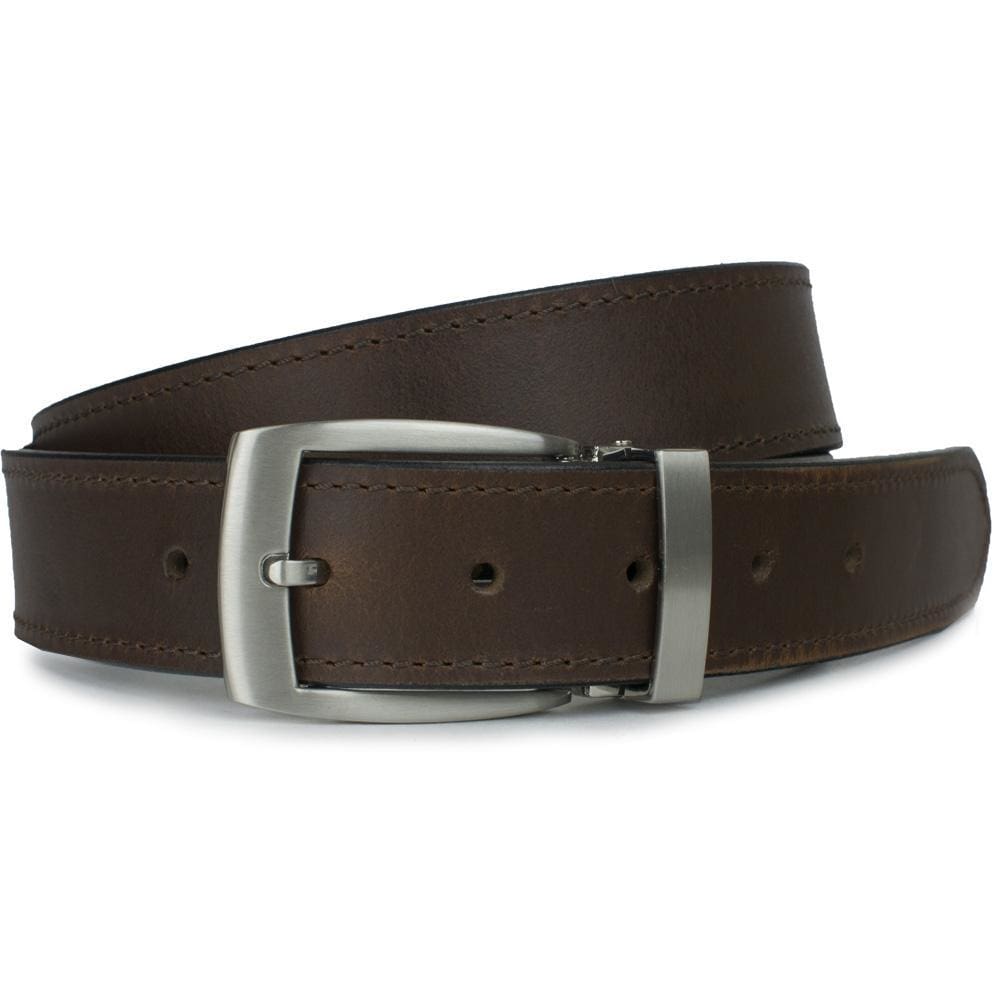 Elk Knob Brown Belt. Matching single-stitching on brown top grain leather strap with silvery buckle
