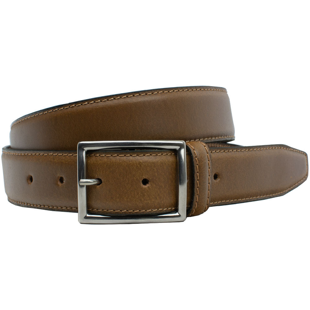 Entrepreneur Titanium Belt (Tan). Rectangular buckle with squared edges, single pin, pure titanium