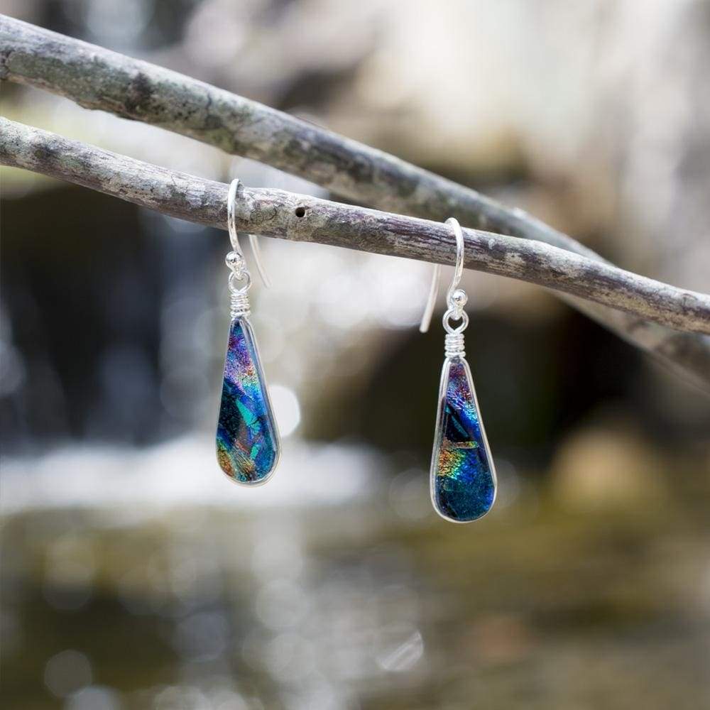 Firewater Falls Earrings - Kaleidoscope, Silver French hook, slender tear drop glass, 1.5 inch long