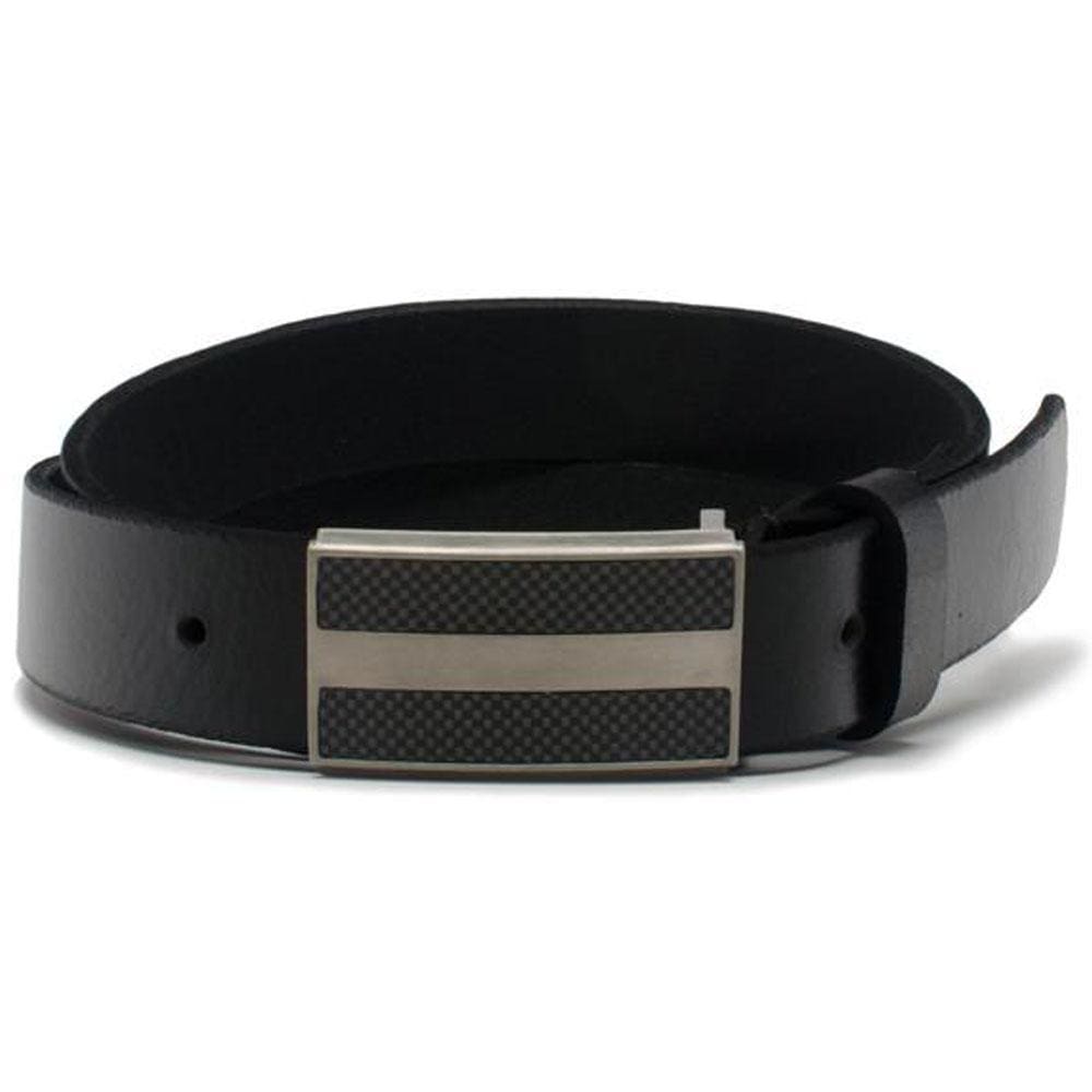 Hook-style rectangular titanium buckle with carbon fiber accents, paired with black leather strap