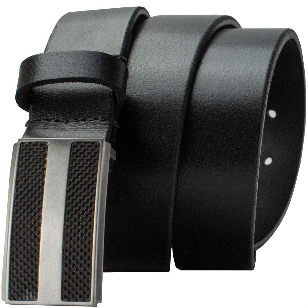 Genuine Leather Belt with Titanium/Carbon Fiber Buckle by Nickel Smart. Rectangular hook buckle.