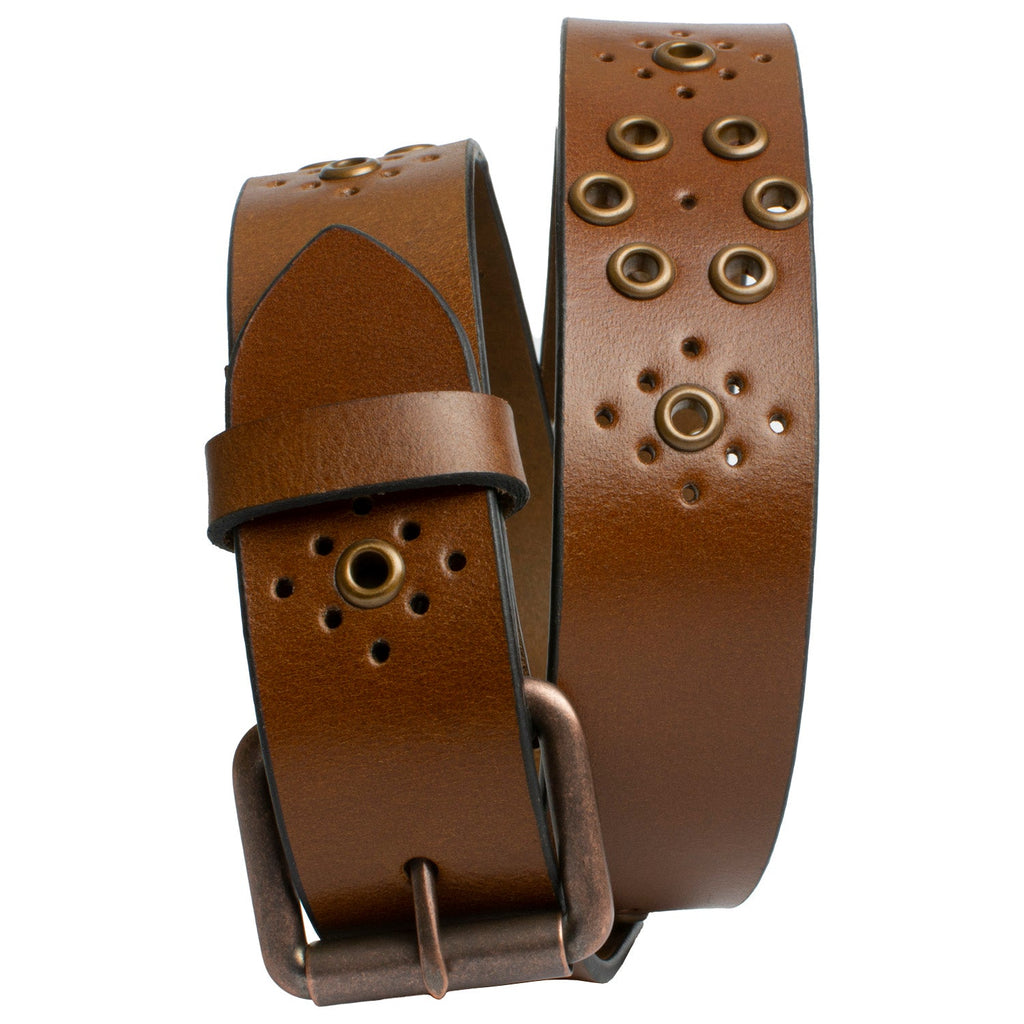 Women's Grommet Brown Leather Belt. Fun punched-out pattern with grommets. Brown top grain leather
