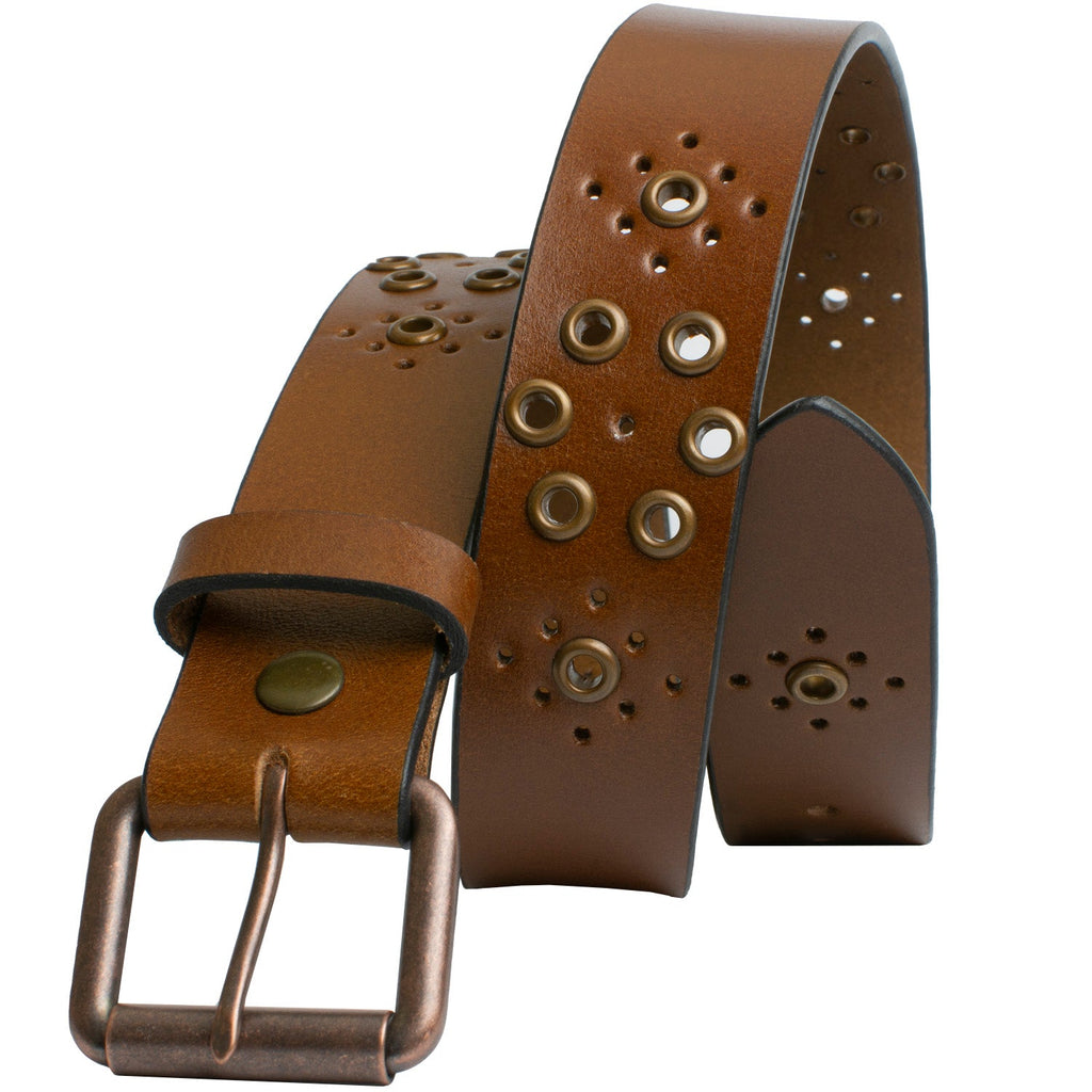 Women's Grommet Brown Leather Belt. Nickel-free grommets form repeating pattern on strap